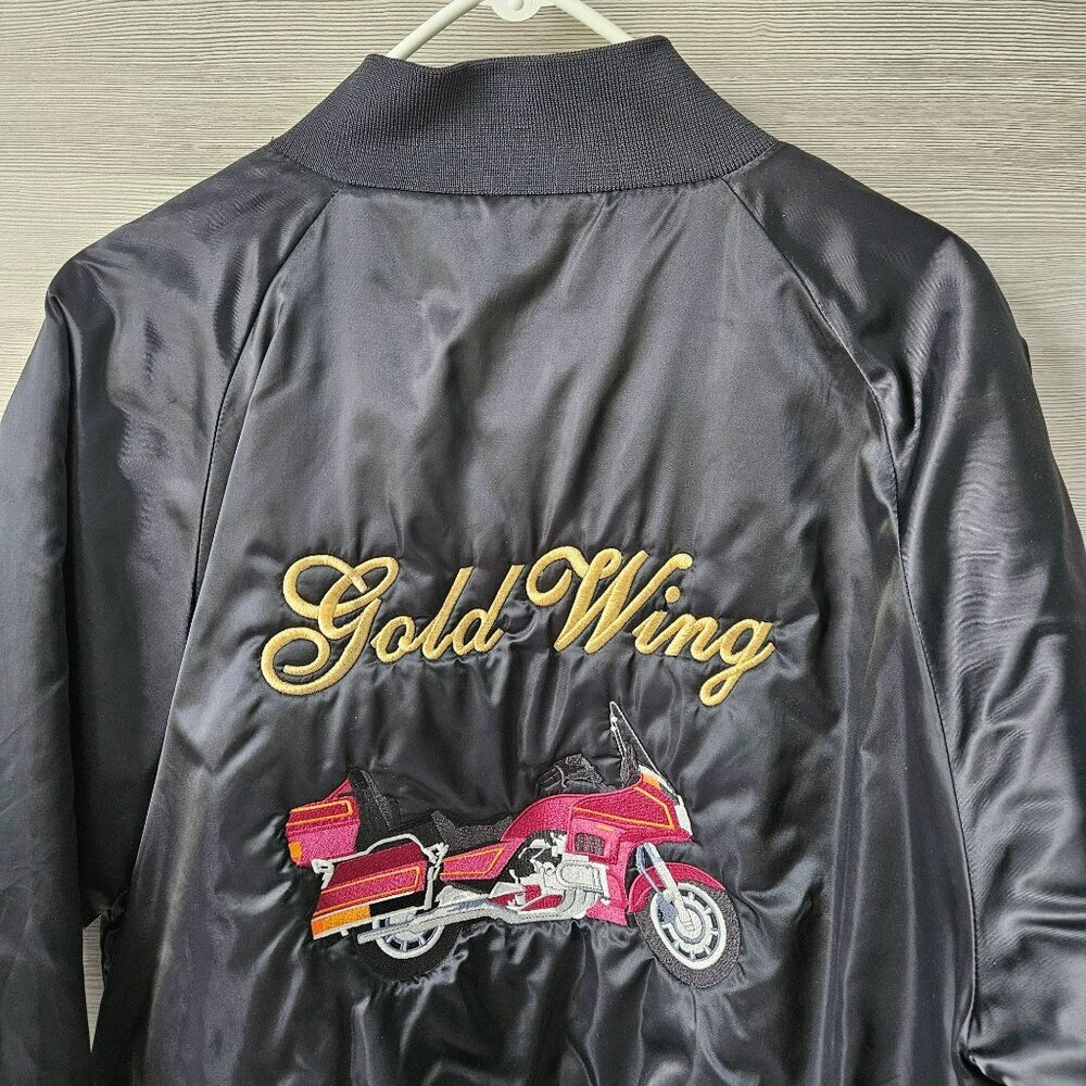 Vintage 90s Black Satin Bomber Jacket Moto Goldwing Graphic Embroidered NAME L